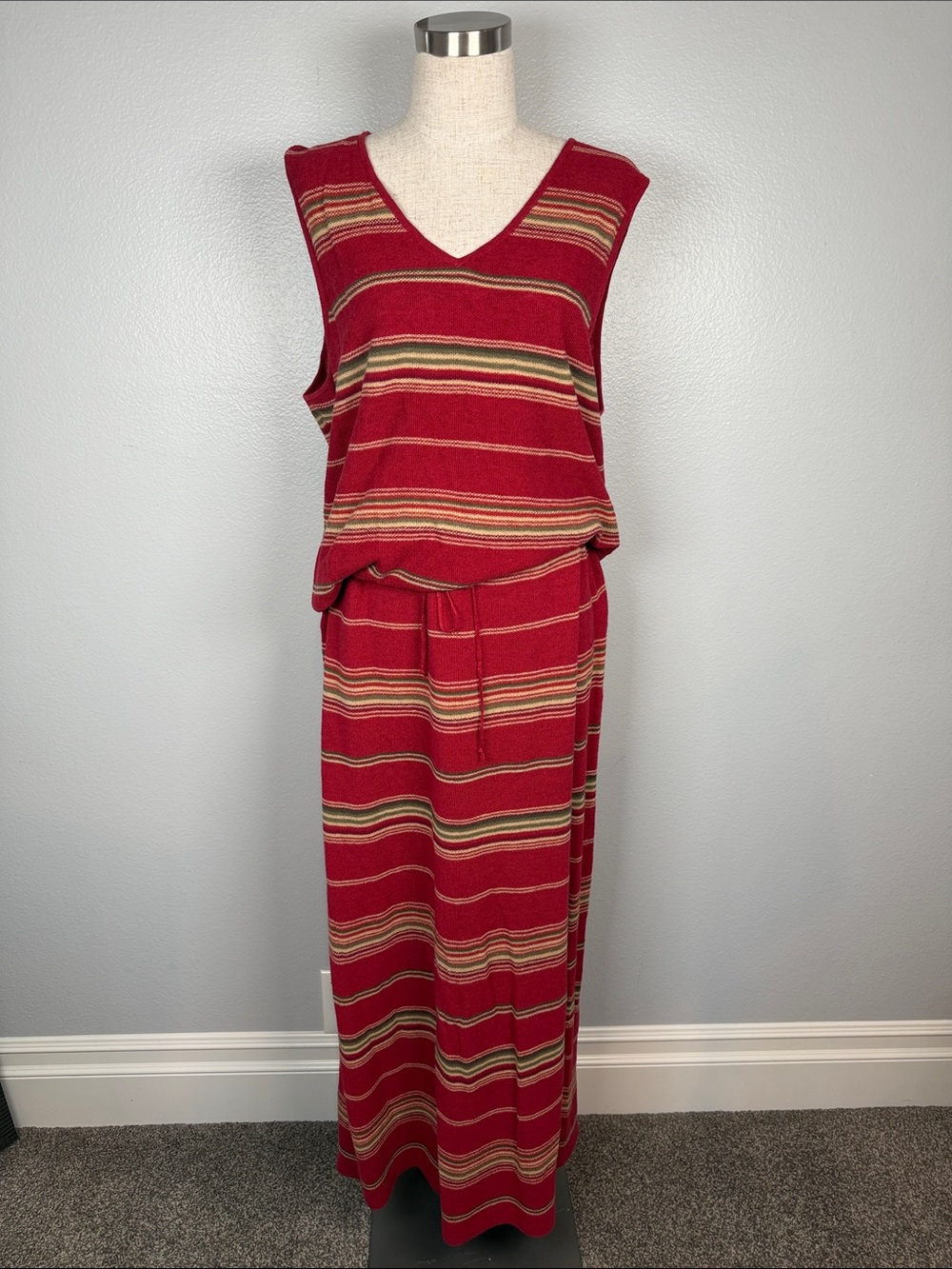 Ralph Lauren Red Striped Maxi Knit Skirt and V Neck Tank Matching Set Linen XL